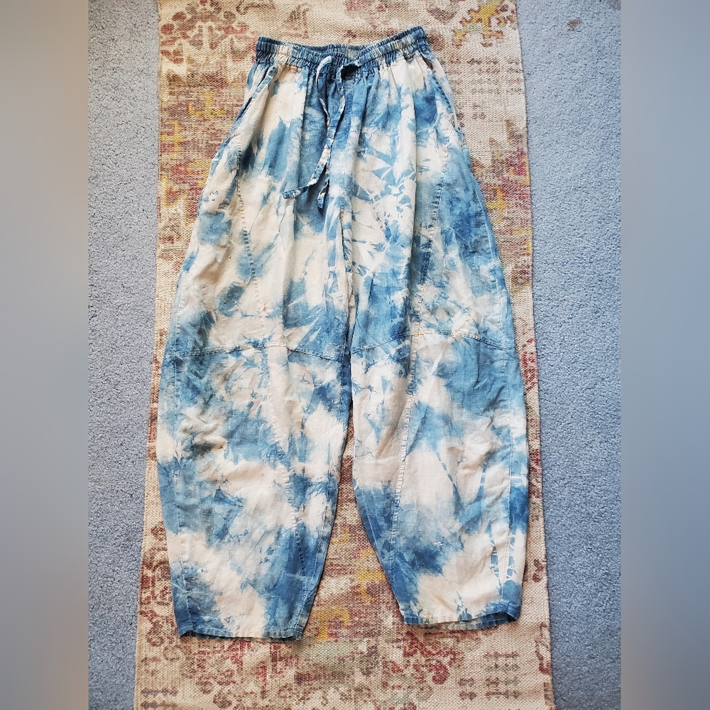 Blue Natural Indigo 100% Linen Tie Dye Pants Size M Long - Discount!!